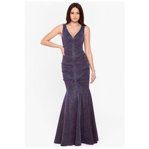 XScape glitter ruched mermaid gown in black silver purple size 12